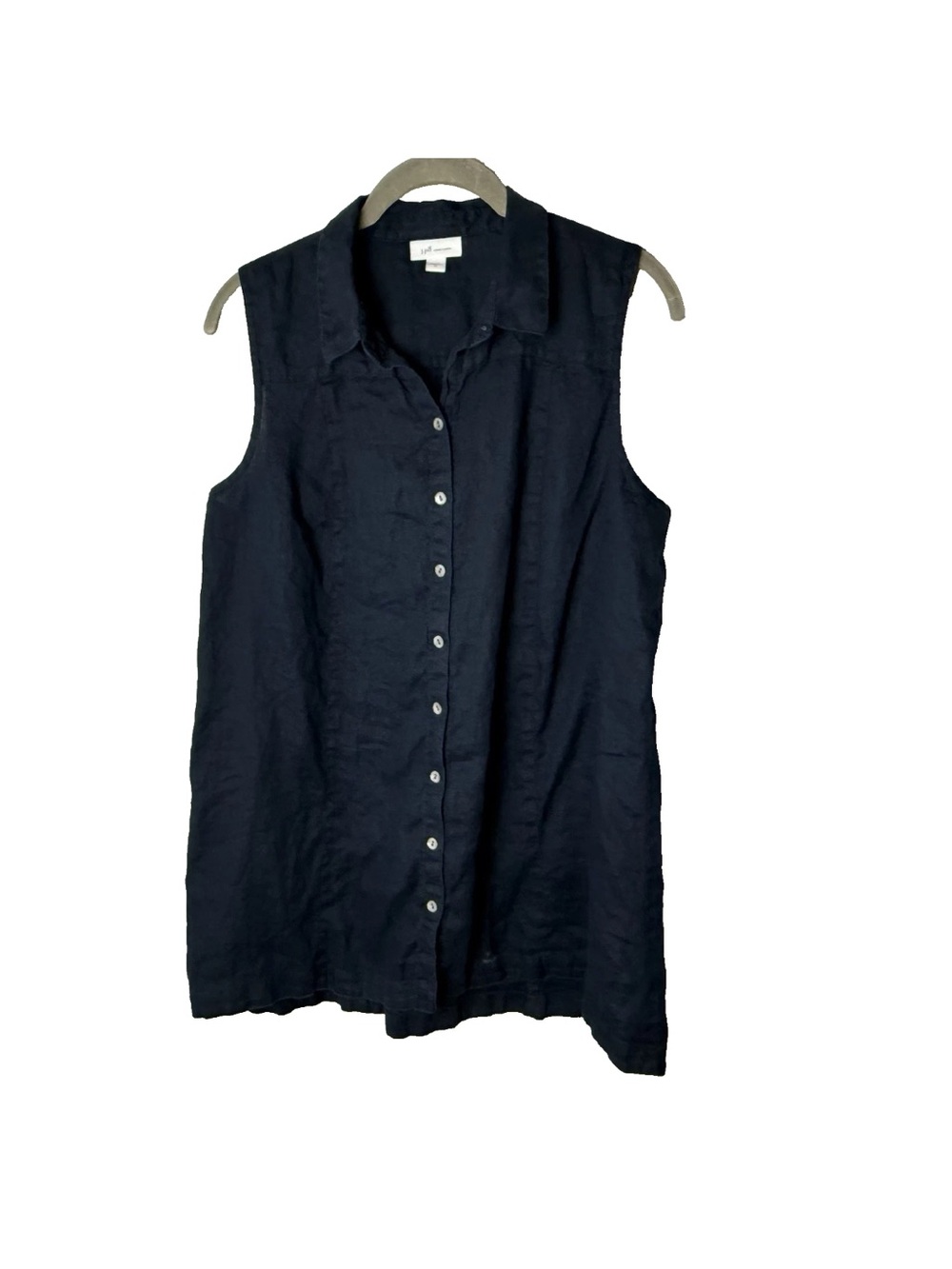 J. Jill Love Linen Top Size Medium Navy Blue Sleeveless Button Front Collared